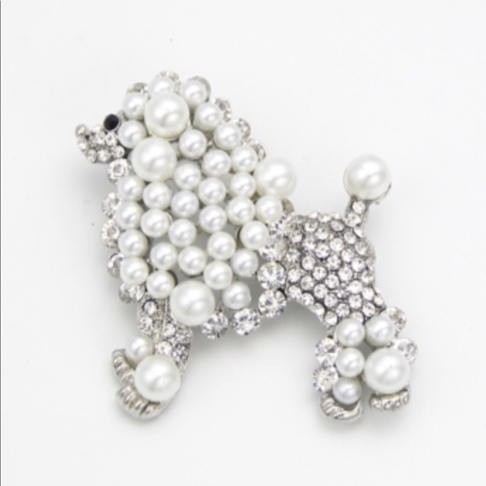 Dog Brooch Poodle White Faux Pearl Silver Tone Pin - Picture 2 of 7
